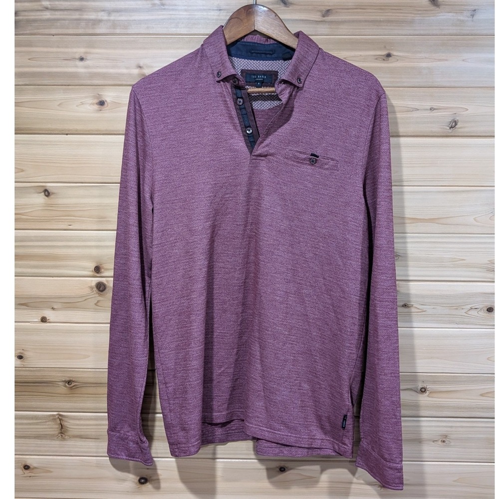 Ted Baker London‎ Mens Long Sleeve Polo Shirt Burgundy Heathered Size 4 Medium